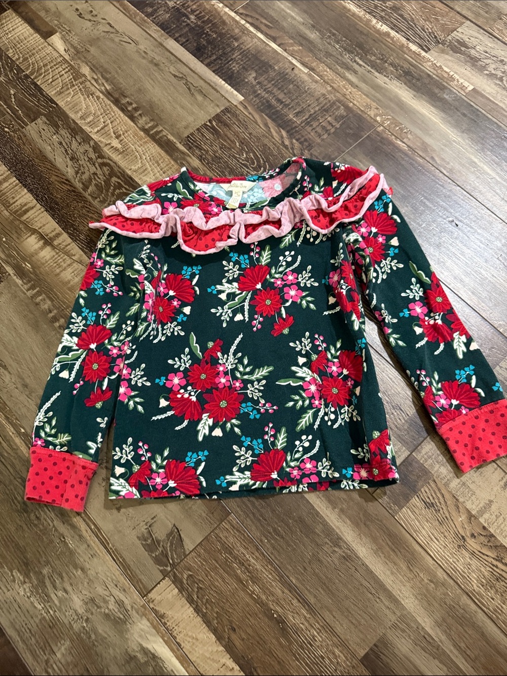 Matilda Jane Forest Green Floral Ruffle Long-Sleeve Top with Red Accents